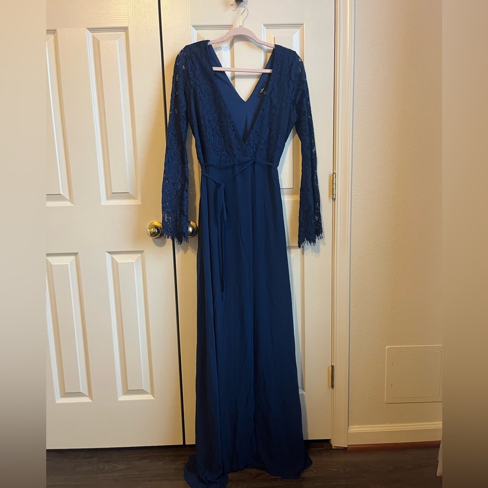 Navy lace wrap wedding guest dress